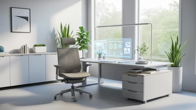 A sunlit, modern office features a futuristic transparent display with a holographic user interface