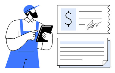 Worker in blue uniform holding a tablet next to receipts with dollar sign, signature, and text details. Ideal for finance, payment, receipt management, digital tools, bookkeeping, accounting small