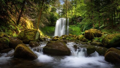 Fototapeta premium a scenic waterfall cascading down rocks in a lush green forest with tall trees and mossy boulders around