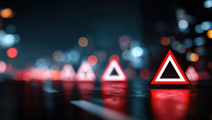 Nighttime warning triangles on wet road