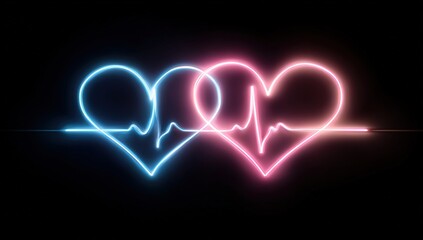 Neon hearts with EKG lines on a black background