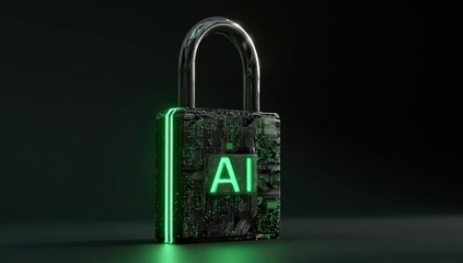 Futuristic padlock with glowing "AI" text, dark background