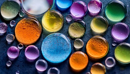 colorful microorganisms within water droplets on a textured surface