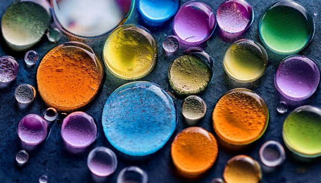 colorful microorganisms within water droplets on a textured surface