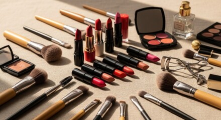 Makeup assortment displayed on a light beige surface.  Various lipsticks, brushes, eyeshadow palettes, and a perfume bottle arranged in a circular pattern
