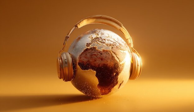 A golden globe wearing headphones, bathed in warm light