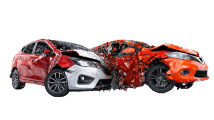 Two cars in a side collision with dents and broken parts on transparent background