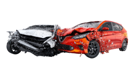 Two cars in a side collision with dents and broken parts on transparent background