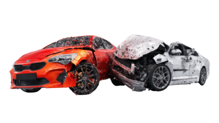 Two cars in a side collision with dents and broken parts on transparent background
