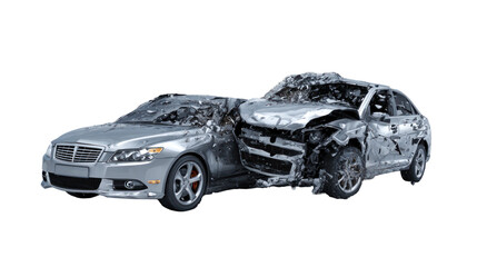 Two cars in a side collision with dents and broken parts on transparent background