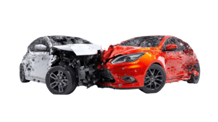 Two cars in a side collision with dents and broken parts on transparent background