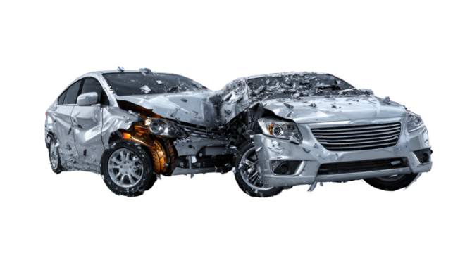 Two cars in a side collision with dents and broken parts on transparent background