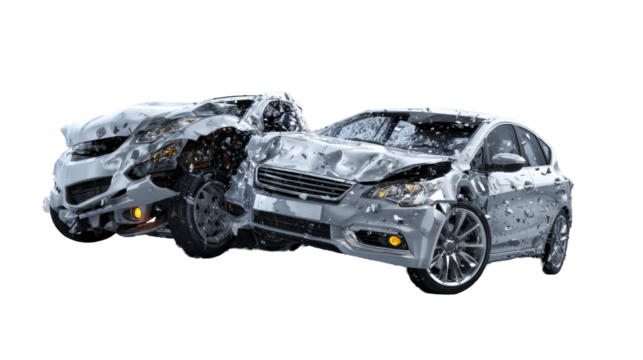 Two cars in a side collision with dents and broken parts on transparent background