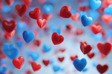 A multitude of red and blue hearts, softly floating in the air