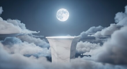 Marble pedestal atop clouds, moonlit night sky