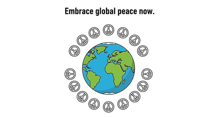 Illustration of a globe surrounded by peace symbols, promoting global peace and unity.