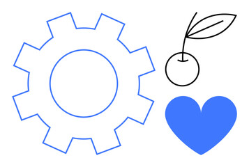 Gear outline, cherry with leaf, and solid heart shape. Ideal for creativity, nature, emotion, sustainability, balance, well-being innovative solutions simple landing page