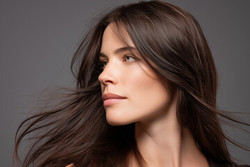 Naklejka premium Brunette woman with flowing glossy straight hair in studio for haircare campaign