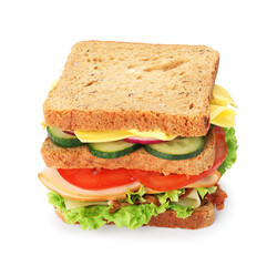 Tasty sandwich with ham, bacon, cheese and vegetables isolated on white