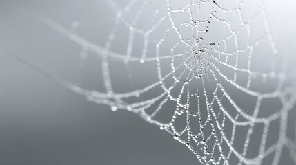 Fototapeta premium close-up of delicate spider web with fine dew-covered threads on soft misty grey background, crisp silk detail, minimalist spooky atmosphere with blank space
