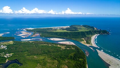 Panoramic aerial view of a river delta meeting the ocean. Lush green landscapes meet sandy beaches