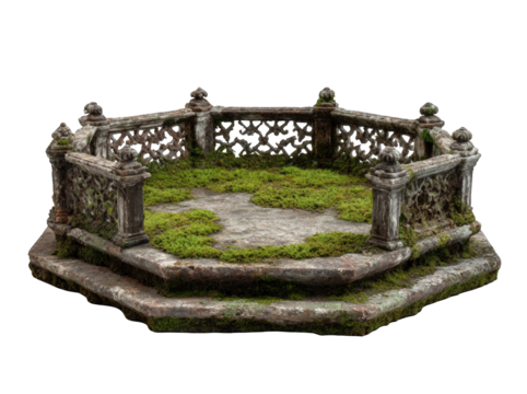 Ornate, octagonal stone garden structure with moss