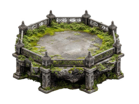 Ornate stone hexagonal platform with moss-covered walls