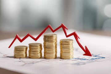 Gold coins with a red downward trend graph