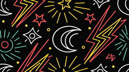 Vibrant neon geometric pattern featuring lightning bolts stars and crescent moon on a dark background © LailaArtworks