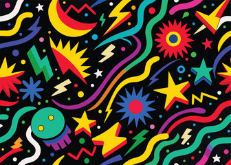 Vibrant and energetic abstract pattern featuring a whimsical collection of colorful celestial bodies stars lightning bolts and wavy lines on a dark background evoking a playful and cosmic theme