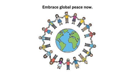Illustration depicting diverse people holding hands around a globe, promoting global peace and unity.