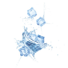 Ice cubes and splashing water on white background
