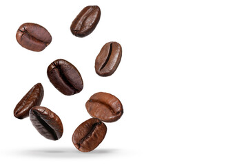 Obraz premium Roasted coffee beans falling onto white background