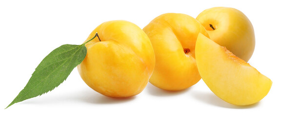 Whole and cut ripe cherry plums isolated on white