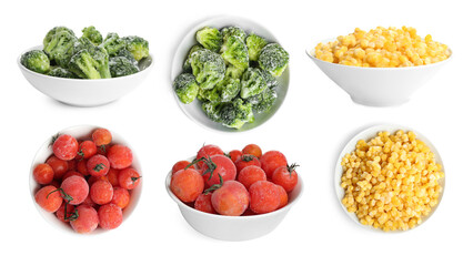 Different frozen vegetables in bowls on white background, set. Top and side view