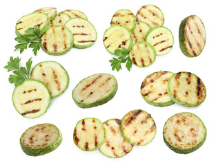Grilled zucchini slices and parsley isolated on white, set