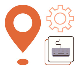 Orange location marker, cogwheel, and keyboard outline. Ideal for navigation, innovation, productivity, digital tools, programming system setup and teamwork. Simple flat metaphor