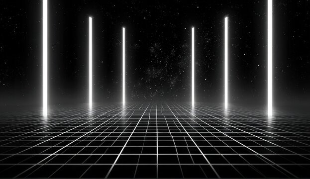 Futuristic grid floor with glowing light columns