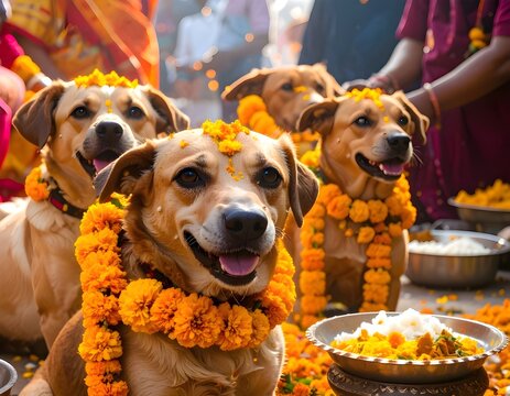Golden dogs, adorned with vibrant marigold garlands, sit happily with bowls of offerings during Kukur Tihar, a Hindu festival in India that honors the loyalty of canines.