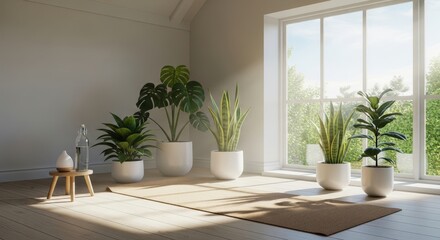 Fototapeta premium Bright, airy room with a yoga mat and various potted plants near a large window, creating a serene indoor space.