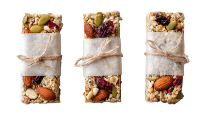 Homemade granola bars wrapped in parchment paper on transparent background