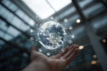 A hand hovers a digital globe, connected by a network of icons, against an out-of-focus modern interior