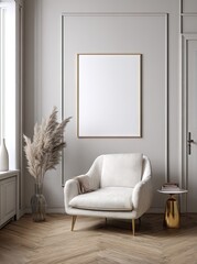 Modern, minimalist living room with blank poster