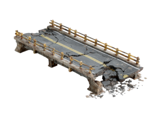 Damaged bridge with cracked road and collapsing structure