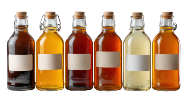 Homemade kombucha in small glass bottles with blank labels on transparent background