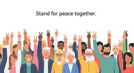 Diverse group of people raising hands with peace signs, promoting unity and peace.