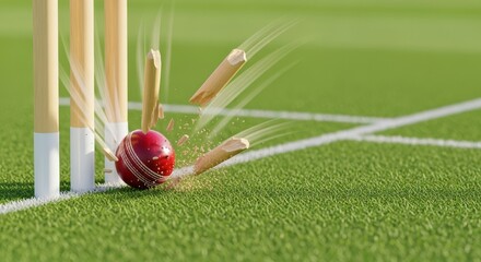 A cricket ball strikes the wickets, causing them to be dislodged from the ground on a green field.
