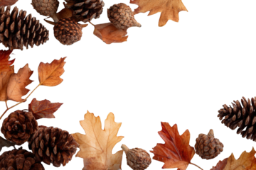 Autumnal border of leaves and pine cones