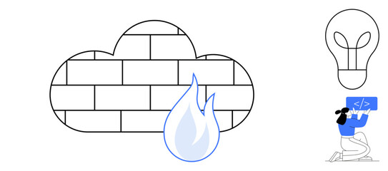Brick-patterned cloud with a flame symbolizing security, a light bulb for innovation, and a person coding. Ideal for cybersecurity, networking, technology, software development, innovation