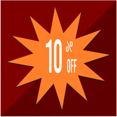 10 percent discount tag, two-tone red base, orange star with black eyeshadow and white letters inside the star.